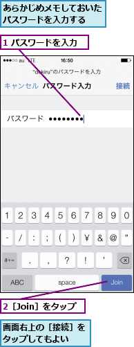 1 パスワードを入力,2［Join］をタップ,あらかじめメモしておいたパスワードを入力する  ,画面右上の［接続］をタップしてもよい  