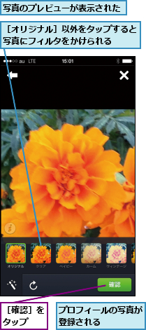 プロフィールの写真が登録される    ,写真のプレビューが表示された,［オリジナル］以外をタップすると写真にフィルタをかけられる  ,［確認］をタップ  