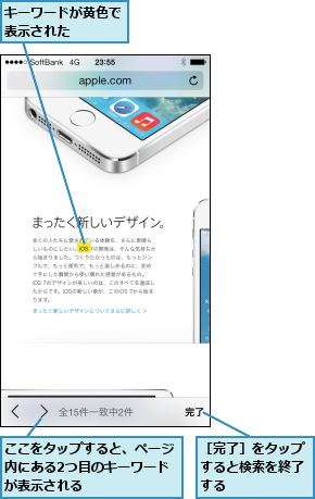 ここをタップすると、ページ内にある2つ目のキーワードが表示される,キーワードが黄色で表示された   ,［完了］をタップすると検索を終了する