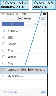 ブックマークが追加された  ,［ブックマーク］の画面が表示された