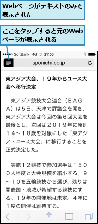 Webページがテキストのみで表示された      ,ここをタップすると元のWebページが表示される
