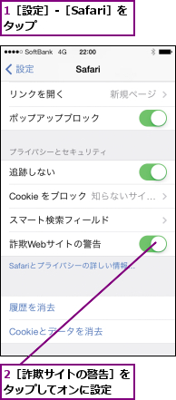 1［設定］-［Safari］をタップ     ,2［詐欺サイトの警告］をタップしてオンに設定  