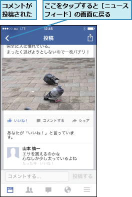 ここをタップすると［ニュースフィード］の画面に戻る  ,コメントが投稿された
