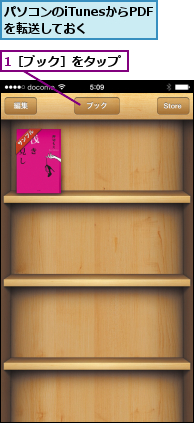 1［ブック］をタップ,パソコンのiTunesからPDFを転送しておく  