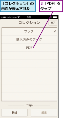 2［PDF］をタップ  ,［コレクション］の画面が表示された