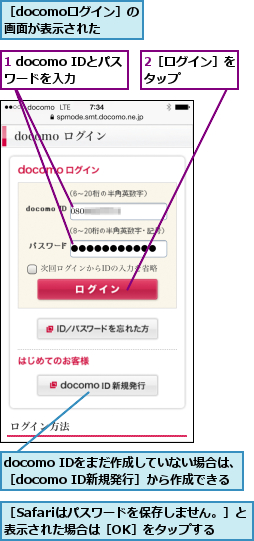 1 docomo IDとパスワードを入力,2［ログイン］をタップ    ,docomo IDをまだ作成していない場合は、［docomo ID新規発行］から作成できる,［Safariはパスワードを保存しません。］と表示された場合は［OK］をタップする,［docomoログイン］の画面が表示された