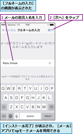1 メールの差出人名を入力,2［次へ］をタップ,［インストール完了］が表示され、［メール］アプリでspモードメールを利用できる  ,［フルネームの入力］の画面が表示された