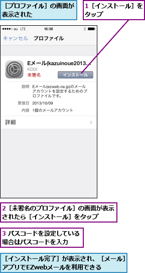 1［インストール］をタップ      ,2［未署名のプロファイル］の画面が表示されたら［インストール］をタップ  ,3 パスコードを設定している場合はパスコードを入力  ,［インストール完了］が表示され、［メール］アプリでEZwebメールを利用できる  ,［プロファイル］の画面が表示された      