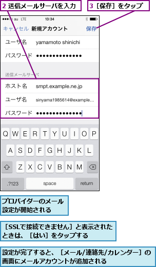 2 送信メールサーバを入力,3［保存］をタップ,プロバイダーのメール設定が開始される  ,設定が完了すると、［メール/連絡先/カレンダー］の画面にメールアカウントが追加される        ,［SSLで接続できません］と表示されたときは、［はい］をタップする  
