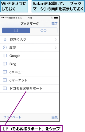 Safariを起動して、［ブック　　マーク］の画面を表示しておく  ,Wi-Fiをオフにしておく,［ドコモお客様サポート］をタップ