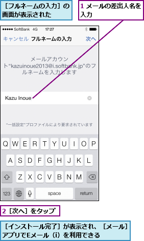 1 メールの差出人名を入力        ,2［次へ］をタップ,［インストール完了］が表示され、［メール］アプリでEメール（i）を利用できる    ,［フルネームの入力］の画面が表示された  