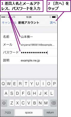 1 差出人名とメールアドレス、パスワードを入力,2 ［次へ］をタップ    
