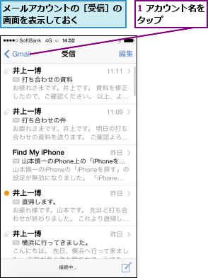 1 アカウント名をタップ      ,メールアカウントの［受信］の画面を表示しておく    