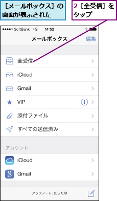 2［全受信］をタップ    ,［メールボックス］の画面が表示された  