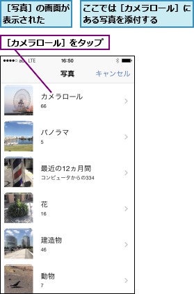 ここでは［カメラロール］にある写真を添付する    ,［カメラロール］をタップ,［写真］の画面が表示された  