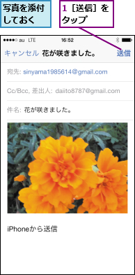 1［送信］をタップ  ,写真を添付しておく