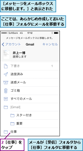2［仕事］をタップ  ,ここでは、あらかじめ作成しておいた［仕事］フォルダにメールを移動する,メールが［受信］フォルダから［仕事］フォルダに移動する,［メッセージをメールボックスに移動します。］と表示された