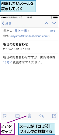 ここをタップ,メールが［ゴミ箱］フォルダに移動する,削除したいメールを表示しておく  