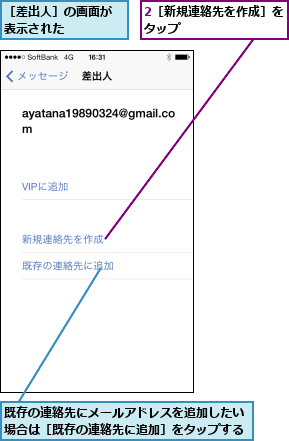 2［新規連絡先を作成］をタップ        ,既存の連絡先にメールアドレスを追加したい場合は［既存の連絡先に追加］をタップする,［差出人］の画面が表示された    