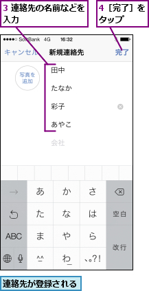3 連絡先の名前などを入力        ,4［完了］をタップ  ,連絡先が登録される
