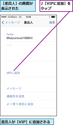 2［VIPに追加］をタップ    ,差出人が［VIP］に追加される,［差出人］の画面が表示された    