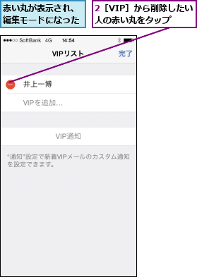 2［VIP］から削除したい人の赤い丸をタップ  ,赤い丸が表示され、編集モードになった