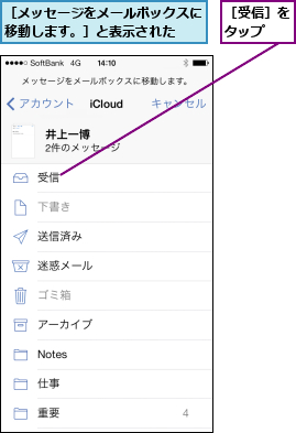 ［メッセージをメールボックスに移動します。］と表示された  ,［受信］をタップ  