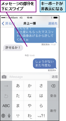 キーボードが非表示になる,メッセージの部分を下にスワイプ  