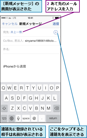 2 あて先のメールアドレスを入力  ,ここをタップすると連絡先を表示できる,連絡先に登録されている相手は名前が表示される,［新規メッセージ］の画面が表示された  