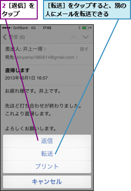 2［返信］をタップ  ,［転送］をタップすると、別の人にメールを転送できる  