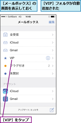 ［VIP］をタップ,［VIP］フォルダが自動的に追加された      ,［メールボックス］の画面を表示しておく