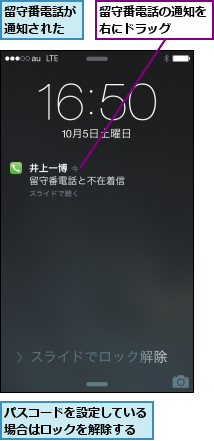 パスコードを設定している場合はロックを解除する,留守番電話が通知された,留守番電話の通知を右にドラッグ  