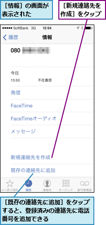［情報］の画面が表示された  ,［新規連絡先を作成］をタップ,［既存の連絡先に追加］をタップすると、登録済みの連絡先に電話番号を追加できる