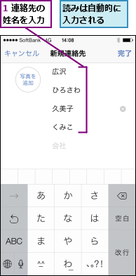 1 連絡先の姓名を入力,読みは自動的に入力される  