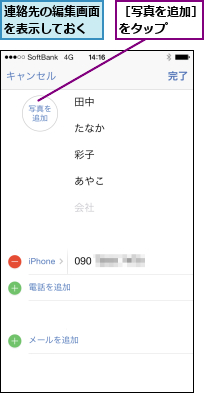 連絡先の編集画面を表示しておく,［写真を追加］をタップ   