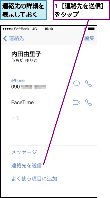 1［連絡先を送信］をタップ    ,連絡先の詳細を表示しておく
