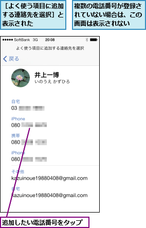 複数の電話番号が登録されていない場合は、この画面は表示されない,追加したい電話番号をタップ,［よく使う項目に追加する連絡先を選択］と表示された