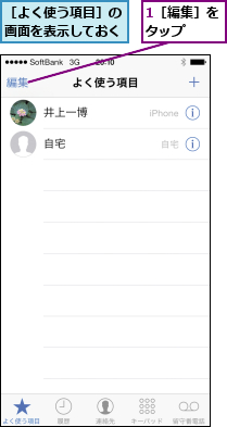 1［編集］をタップ  ,［よく使う項目］の画面を表示しておく