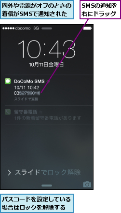 SMSの通知を右にドラッグ,パスコードを設定している場合はロックを解除する,圏外や電源がオフのときの着信がSMSで通知された