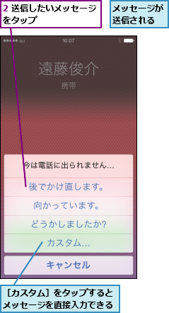 2 送信したいメッセージをタップ        ,メッセージが送信される,［カスタム］をタップするとメッセージを直接入力できる