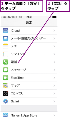 1 ホーム画面で［設定］をタップ        ,2［電話］をタップ  