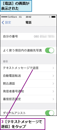 3［テキストメッセージで返信］をタップ     ,［電話］の画面が表示された  