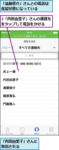 2「内田由里子」さんの連絡先をタップして電話をかける  ,「内田由里子」さんに発信される    ,「遠藤俊介」さんとの電話は保留状態になっている  