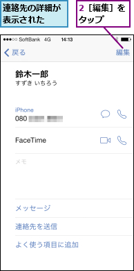 2［編集］をタップ  ,連絡先の詳細が表示された  
