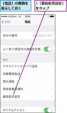 1［着信拒否設定］をタップ     ,［電話］の画面を表示しておく  