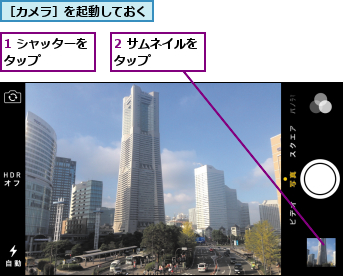 1 シャッターをタップ    ,2 サムネイルをタップ    ,［カメラ］を起動しておく      