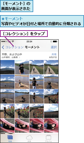 ［コレクション］をタップ,［モーメント］の画面が表示された