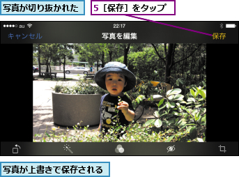 5［保存］をタップ,写真が上書きで保存される,写真が切り抜かれた