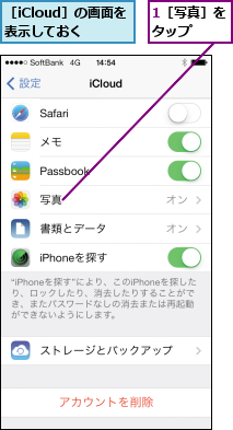 1［写真］をタップ  ,［iCloud］の画面を表示しておく