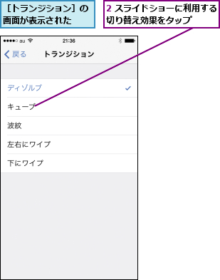 2 スライドショーに利用する切り替え効果をタップ    ,［トランジション］の画面が表示された  